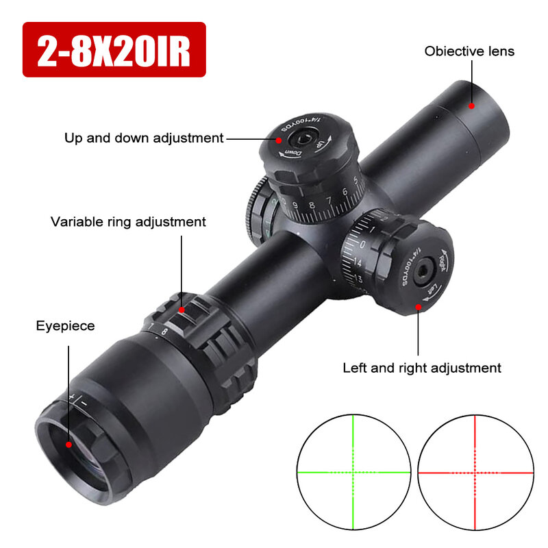 2-8x20ยุทธวิธี collimator riflescope 5โหมดสีแดงลายจุดสีเขียวเล็งกล้องปืนไรเฟิลสไนเปอร์พร้อมคลิป11mm/20mm