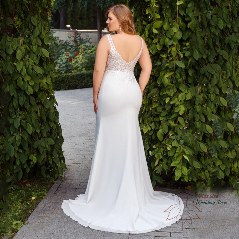 Modernes Hochzeits kleid für Frauen plus Größe O-Ausschnitt rücken frei Brautkleid Spitze Applikation Sweep Zug ärmellose Meerjungfrau Robe de Mariée
