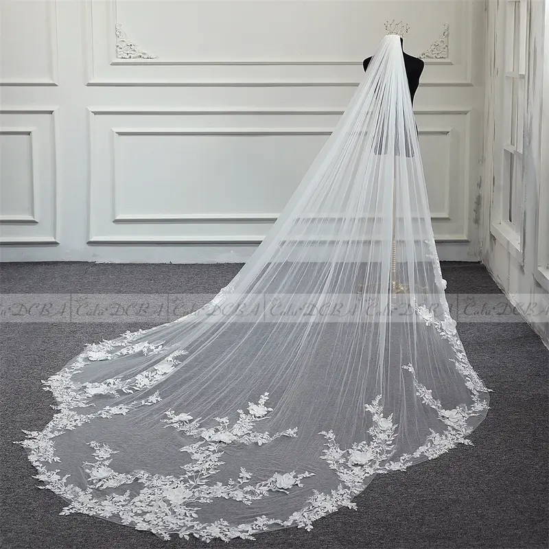 Kerudung Pernikahan dengan Sisir 1 Tingkat Tulle Lembut Renda Kerang Mutiara 3D Kelopak Bunga Kerudung Pengantin Putih Gading Bordir Kerudung Kustom