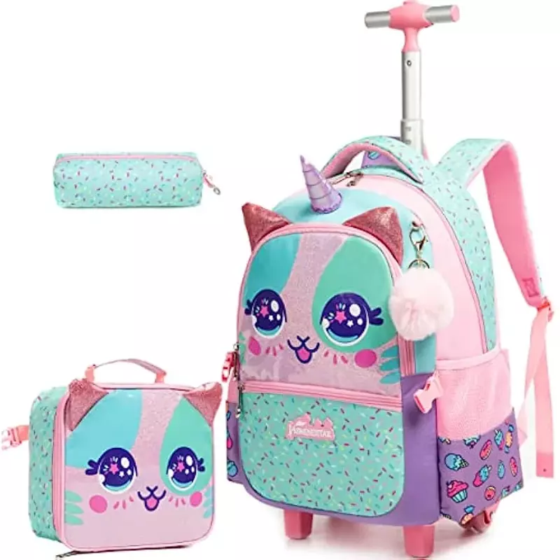 BIKAB-mochila rodante con ruedas para niñas, morral con bonito gato de lentejuelas, para estudiantes de primaria, con fiambrera