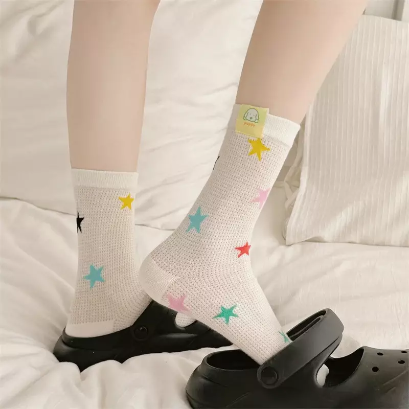 5 Pairs/Lot Women's Socks Thin Colorful Striped Mesh Socks Breathable White Cartoon Casual Trend Girls Crew Socks Set Comfort