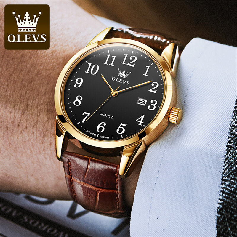 OLEVS jam tangan kuarsa tahan air pria, arloji bisnis Merek Terkenal tali kulit mewah dengan tanggal modis