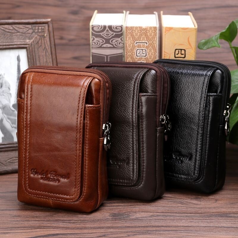 Real Cowhide Waist Bag Cell Mobile Phone Case Hook Purse Casual High Quality Genuine Leather Men Hip Bum Belt Fanny Pack
