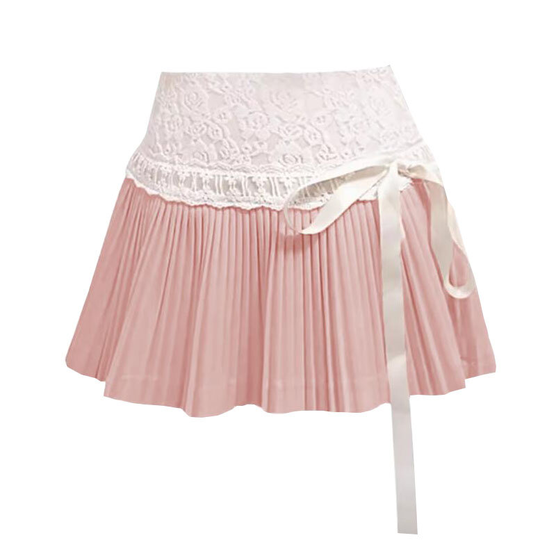 Deeptown Coquette Pleated Skirt Women Fairycore Elegant Mini Skirts Kawaii Sweet Lace Up Bow Cute Fanshion Summer Short Skirt