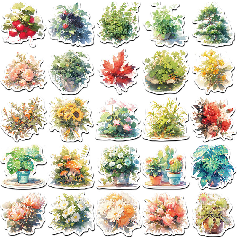 50PCS Cartoon Cute Green Plants Flower Graffiti Stickers decalcomanie Decorative fai da te Laptop bagaglio telefono Scrapbook Sticker Toy