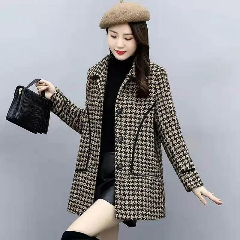 Mantel wol kotak-kotak wanita, Luaran wol panjang tipe ramping Musim Dingin 2024