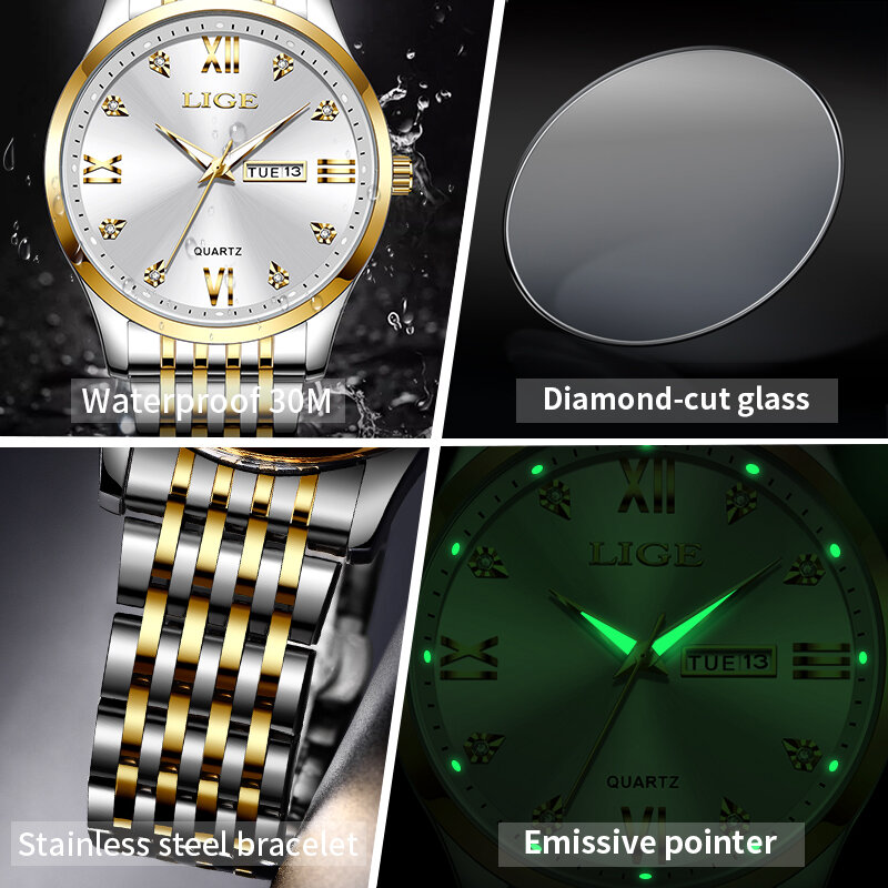 Часы наручные LIGE Мужские кварцевые, модные повседневные деловые брендовые Роскошные полностью стальные водонепроницаемые