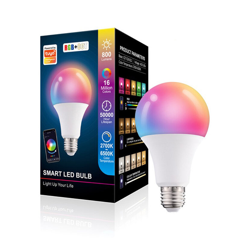 家の装飾のための調光可能なスマート電球、rgb LEDランプ、青色の制御、e27、15w