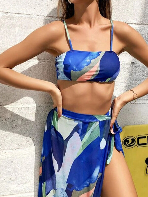 Conjunto de Bikini de cintura alta para Mujer, traje de baño Sexy con realce, ropa de playa, 3 piezas, 2023