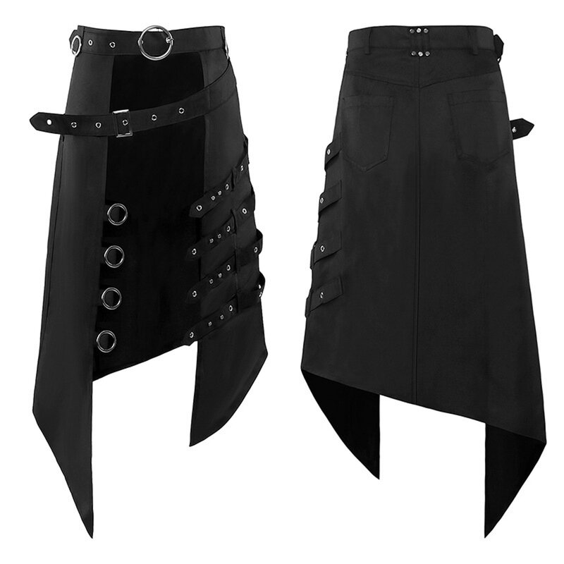 Men Rock Punk Skirt Dark Black Steam Gothic Asymmetrical Ring Party Man New Casual Vintage Fashion Trend Skirt Punk Half Dress