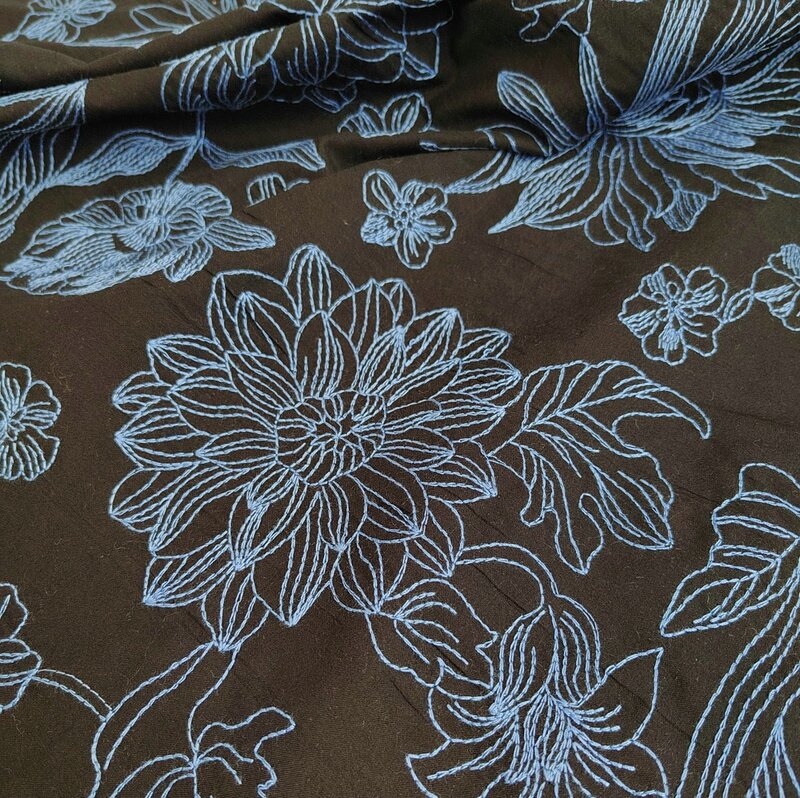 Blue ivory cotton or Linen viscose embroidery fabric for woman dress shirt clothing with big flower pattarn sewing by 2 meter