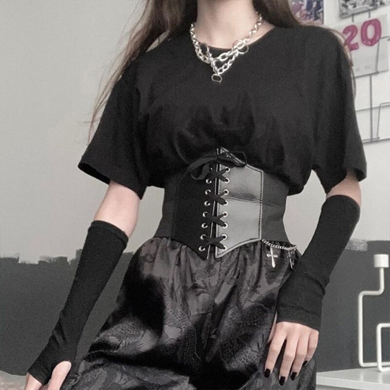 Corsé Punk de realce para mujer, corsé gótico blanco y negro, Clips de cintura Harajuku para vestidos, modelador de cintura Vintage R7RF