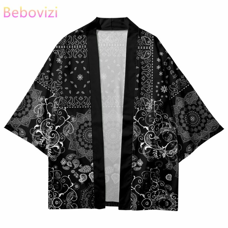 Czarne tradycyjne kwiaty nerkowca drukuj Kimono 2022 New Arrival Streetwear męski kardigan Haori styl japoński ubrania letnie szczyty