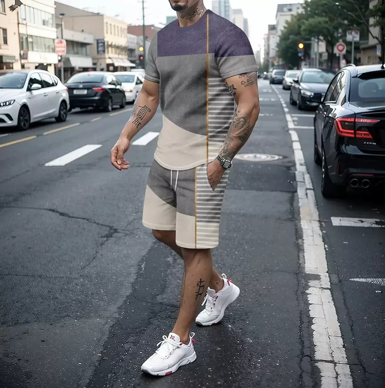 Camiseta masculina em 3D com gola redonda e shorts de manga curta, casual, de rua, elegante, verão, conjunto de 2 peças