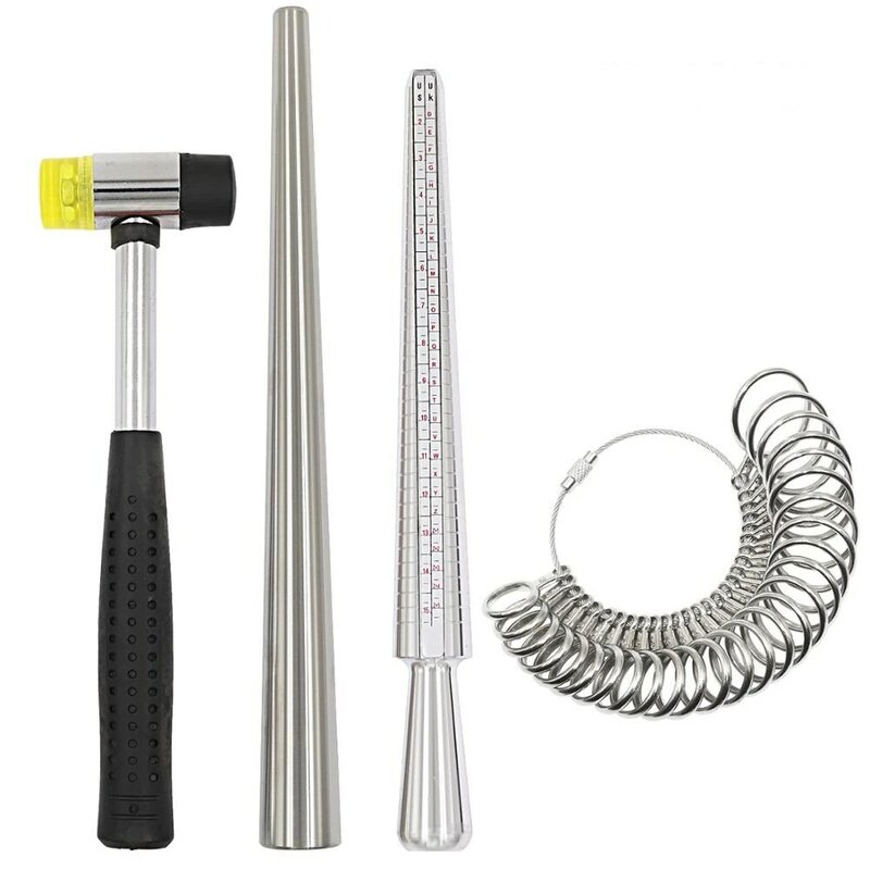 NIUPIKA 4PCS Ring Sizer with Metal Mandrel Finger Sizing Measuring Stick Guage and Rubber Jewelers Hammer Tool