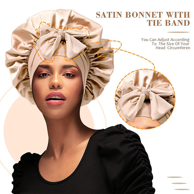 Bonnet Satin dengan 2 buah ikat rambut untuk wanita ikat rambut Bonnet untuk tidur besar 2 lapisan sutra topi tidur