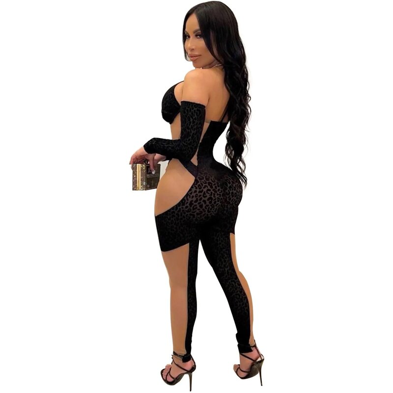 Spring and Summer Women Fashion Sexy Off Shoulder Mesh Perspective Leopard Tight Nightclub Long Jumpsuit