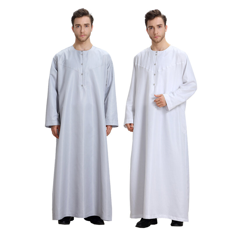 Homens muçulmanos cor sólida mangas compridas gola redonda botão robe árabe masculino adulto comprimento do tornozelo Thobe Ramadan Eid roupas