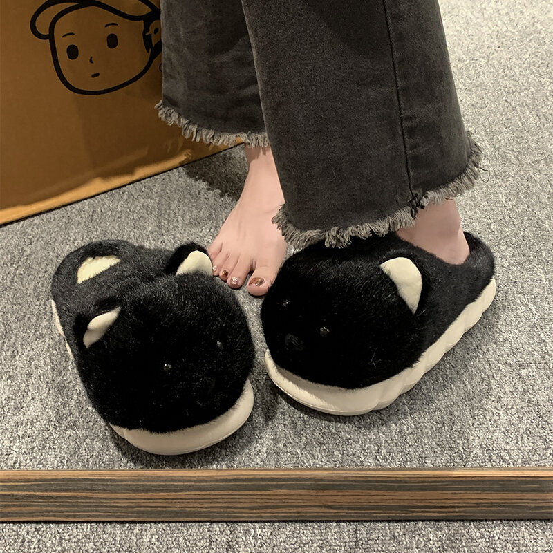 Thick soled plush half trailer women's 2024 spring, autumn, and winter new cute cotton slippers dog cotton slippers