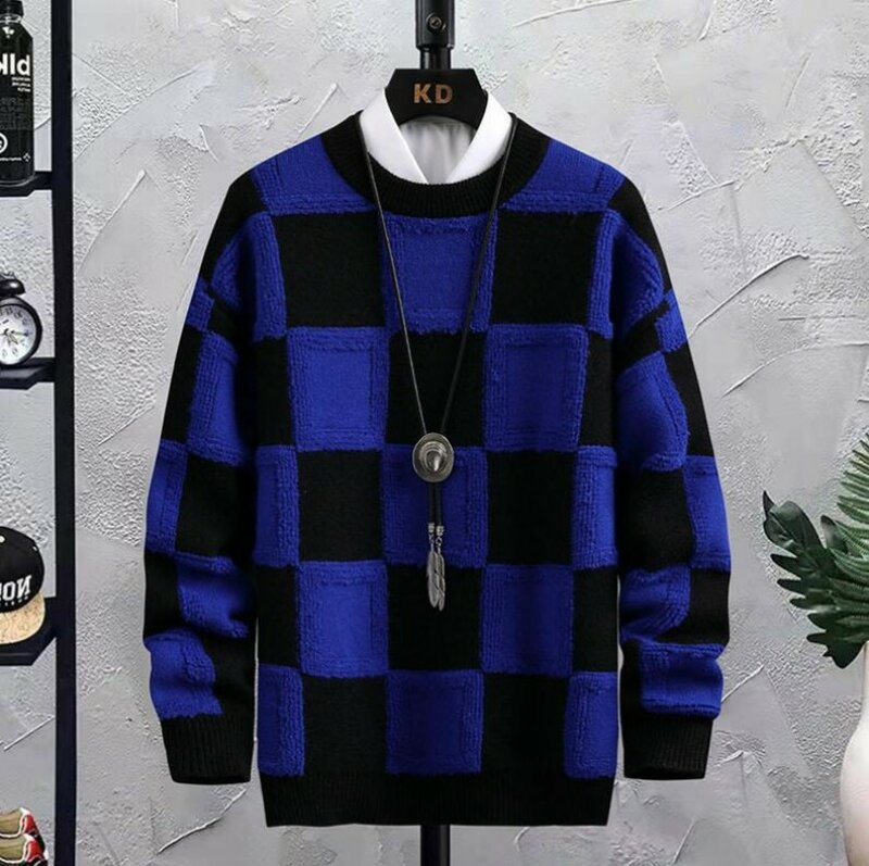 Nowa, jesienna zimowe męskie swetry męskie w stylu koreańskim wysokiej jakości grube ciepły sweter z kaszmiru męskie luksusowe swetry w kratę