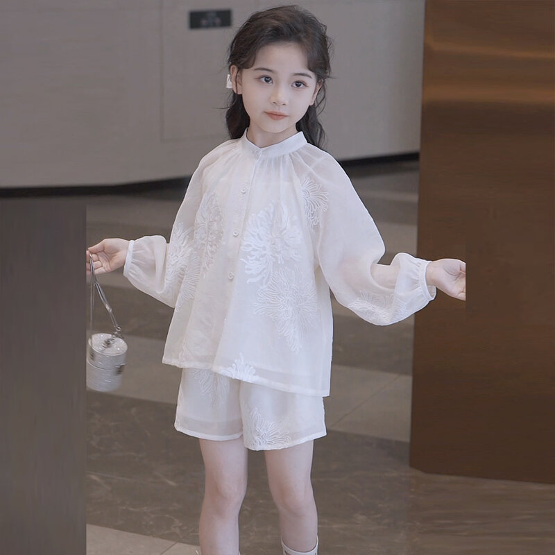 JUCPKID 2024 Корейский Летний школьный комплект для девочек с вышивкой Топ с длинным рукавом + шорты с эластичной талией для девочек 4-15 лет