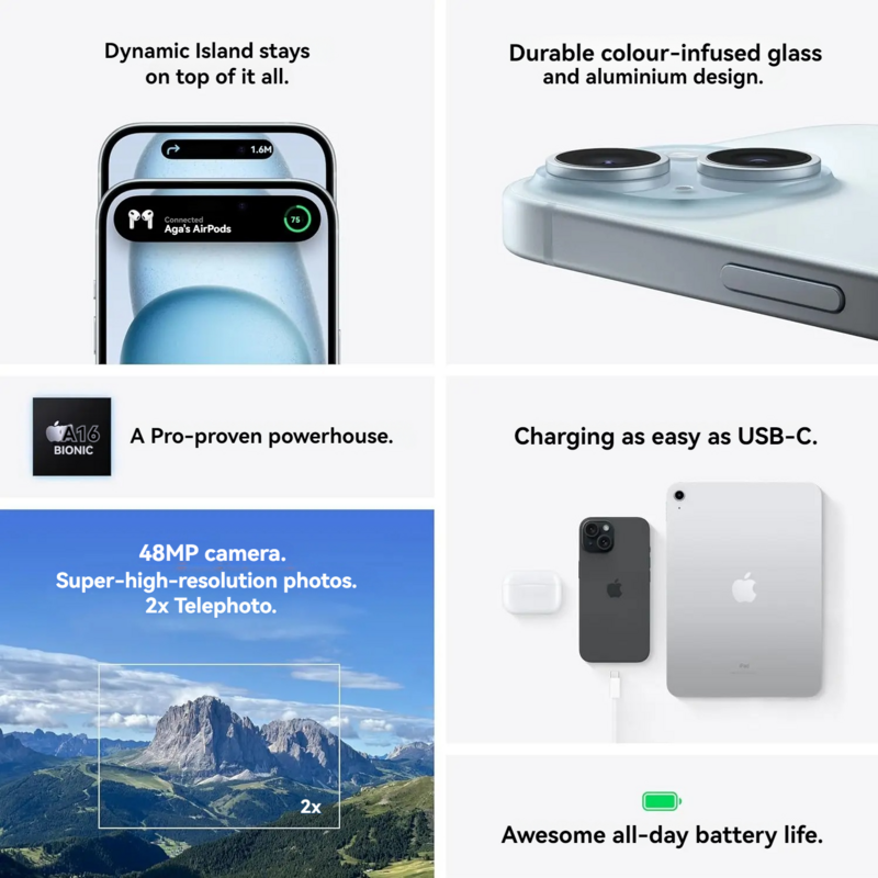 Apple-Smartphone iPhone 15 A3092, iOS 17, A16 Bionic, Super Retina XDR, écran OLED, IP68, résistant à la poussière et à l'eau, Touristo-Epi100%, nouveau et original