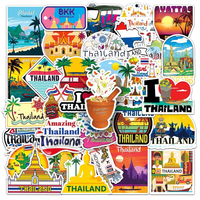 태국 여행 풍경 만화 스티커, DIY 노트북 수하물 스케이트보드 그래피티 데칼, 재미있는 어린이 선물, 10 개, 30 개, 50 개