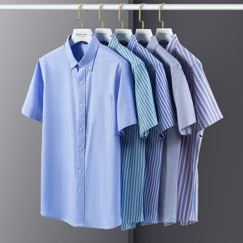 Camisa Oxford masculina de manga curta, 100% algodão, xadrez, listrada, masculina de negócios casual, branca, verão