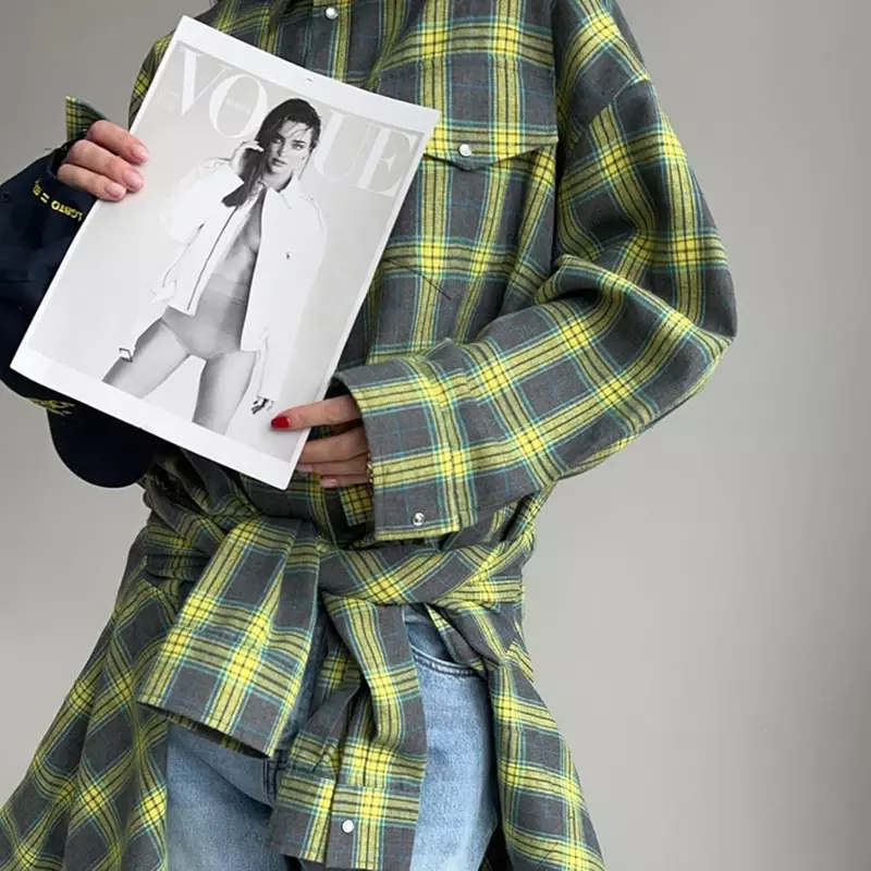 Camisa a cuadros Vintage para mujer, blusa holgada de manga larga, informal, de una sola botonadura con bolsillos, otoño e invierno, 2024