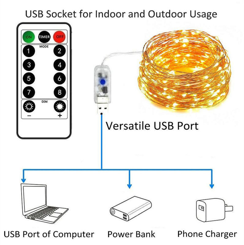 USB 8 Controle Remoto String Lights, Fada Micro LED, Fio De Cobre Transparente, Festa, Natal, Decorações De Casamento, 5m, 10m, 20m