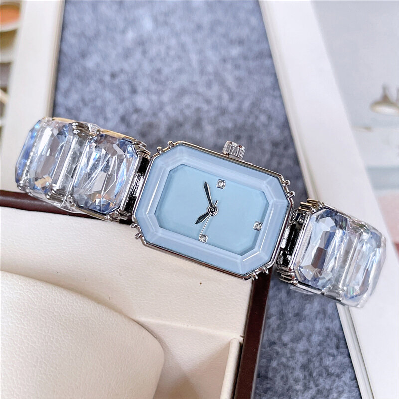 Zegarki na rękę marki mody kobiety dziewczyna piękny prostokąt kolorowe klejnoty projekt stalowy zespół metalowy zegar S72