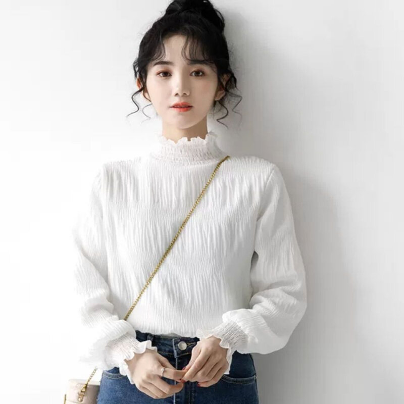 Blusa de gasa de manga larga para mujer, camisa de estilo coreano, color negro, ropa Vintage para primavera y otoño, 2023
