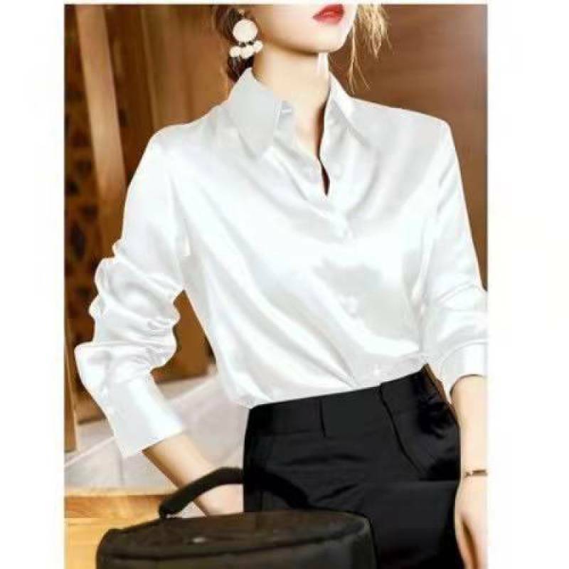 Blusa de cetim vintage manga longa feminina, elegante camisa de escritório, roupas femininas Y2K, tops pendulares, coreano, outono