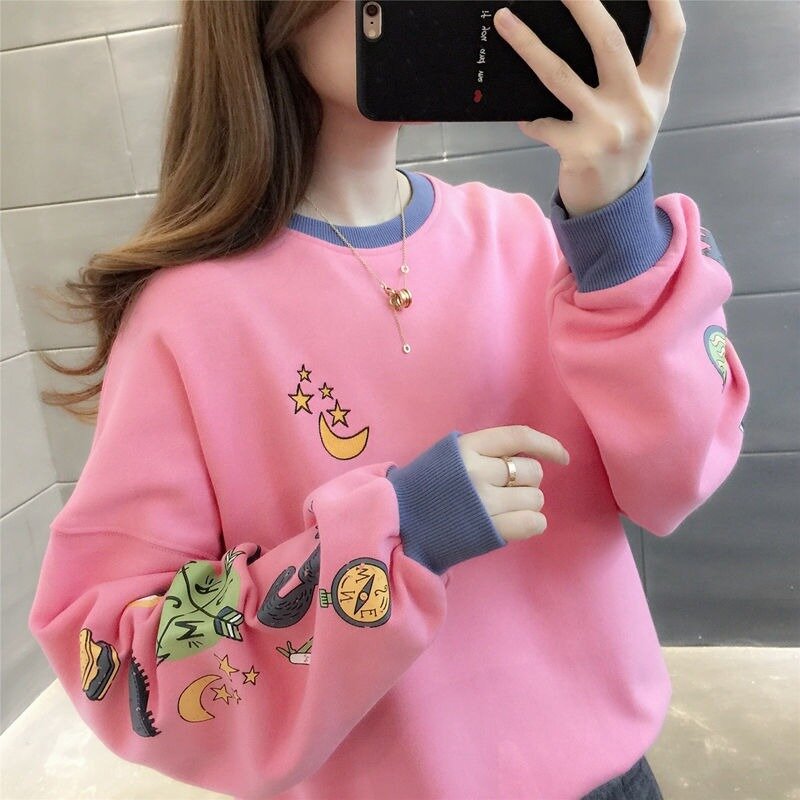 Women's Solid Color Pullover Round Neck Cartoon Hoodies Spring and Autumn Korean Fashion Long Sleeve Loose Casual Tops Y2k