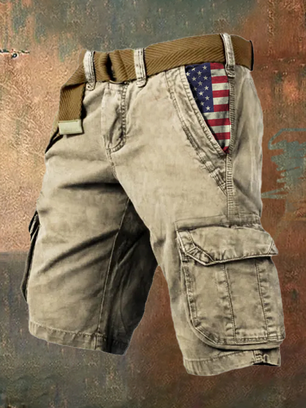 กางเกงคาร์โก้ขาสั้นวินเทจสำหรับผู้ชายกางเกงขาสั้นคาร์โก้พิมพ์ลายธงชาติ3D สบายๆแฟชั่นใหม่ฤดูร้อน