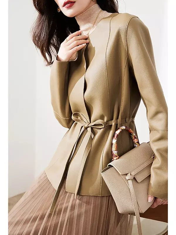 Женская приталенная куртка Tajiyane, куртка из натуральной овечьей кожи, на шнуровке, весна-осень 2023