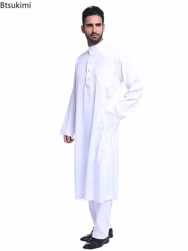 이슬람 아랍어 남성 Jubba Thobe 버튼 가운 바지 2 피스 의류 정장, 아바야 사우디 아라비아 Eid 터키 커타스 이슬람 데일리 드레스