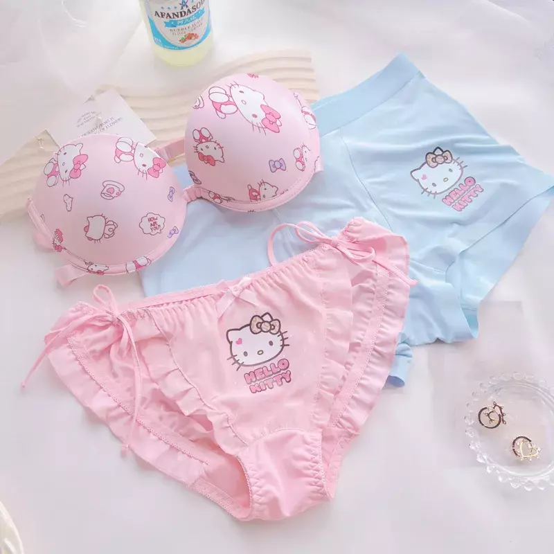 Sanrio-ropa interior de Hello Kitty, traje de sujetador sin tirantes de dibujos animados Kawaii, antideslizante, microtórax, Push-up, encantador, dulce, lencería Sexy