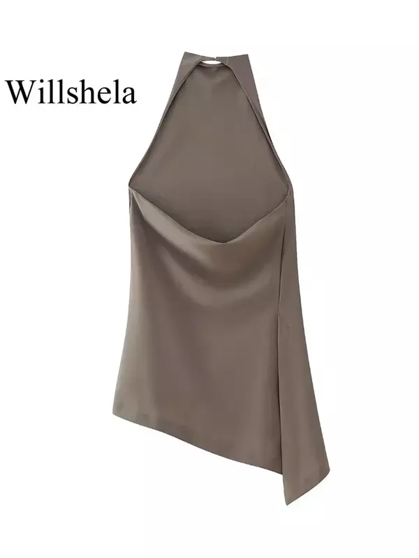بني مطوي رقبة علوي وسراويل مستقيمة للنساء ، أزياء فاخرة ، 62 دولار-ويلشلا ، طقم من قطعتين