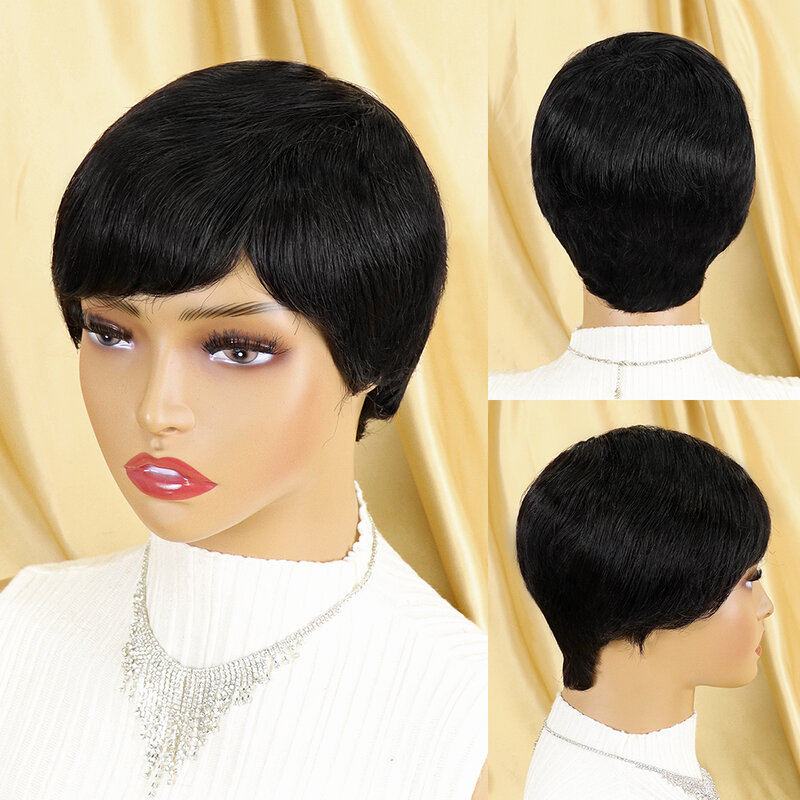 Peluca de cabello humano peruano Remy para mujeres negras, corte Pixie corto con flequillo, pelo liso, 150% sin pegamento, hecha a máquina