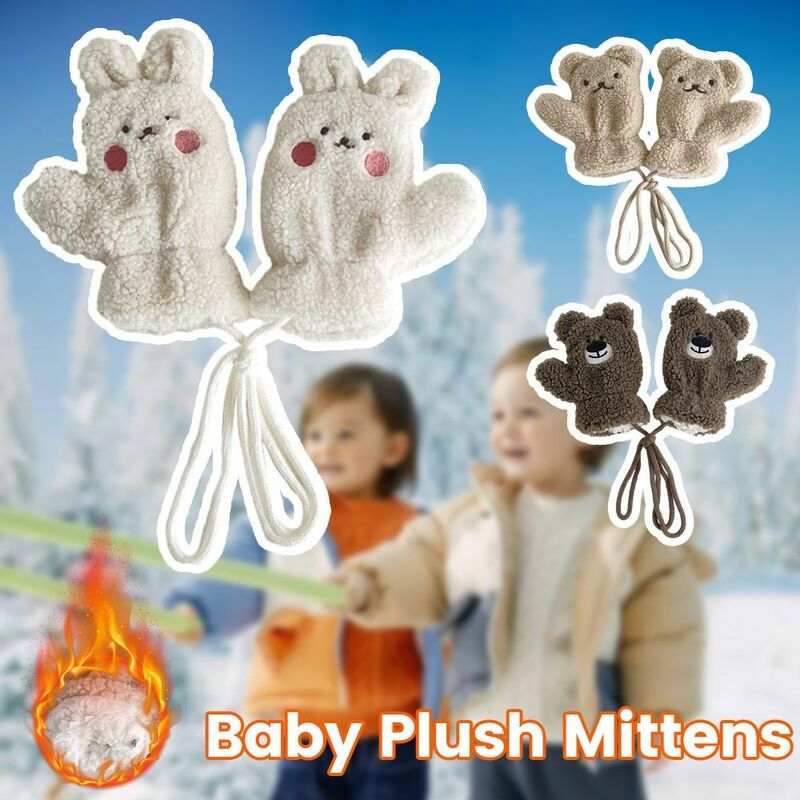 Grube dziecięce pluszowe rękawiczki śliczne wiatroszczelne odporne na zimno zimowe ciepłe rękawiczki z motywem ciepły, wiszący szyi dla 1-4 lat