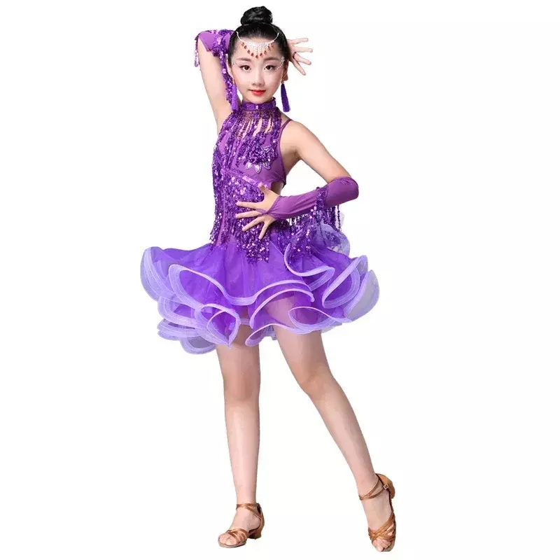 ชุดเต้นรำละตินสำหรับเด็กผู้หญิงกระโปรงละตินปักเลื่อมชุดแข่งขันการแสดงชุดเต้นซัลซ่ามีพู่ห้อย