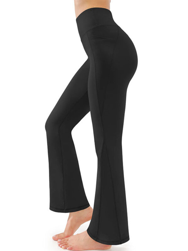 Workout Leggings Soft High Waist Gym Flare Yoga Pants for Women Pockets Style Bootleg Stretch Tummy Control Black Solid Color
