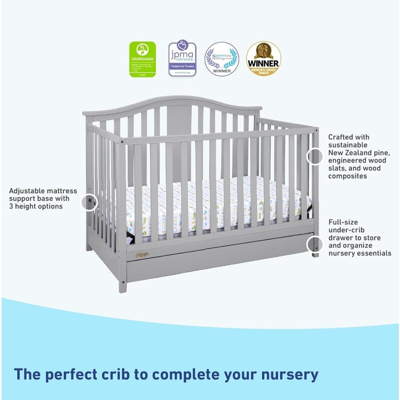 Convertible Crib with Drawer (Pebble Gray) – GREENGUARD Gold Certified, Crib with Drawer Combo, Includes Full-Size Nursery