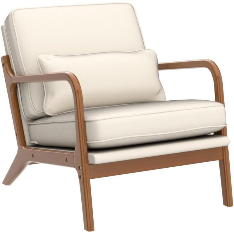 Krzesło Nowoczesne krzesło z połowy stulecia z poduszką Tapicerowany fotel wypoczynkowy z ramą z litego drewna i miękka poduszka do salonu