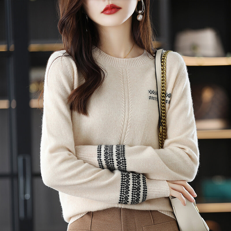 O-Neck Wool Knitted Sweater Women's Clean Face Jacquard Loose Pullover 2022 Autumn and Winter Chic Bottoming Cashmere Sweater