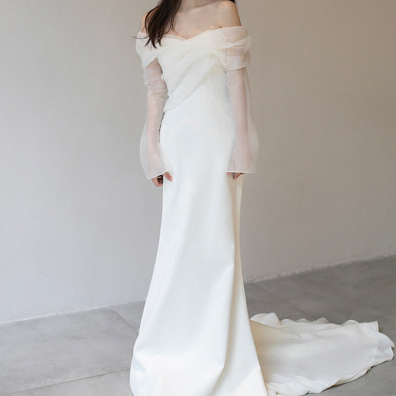 GIYSILE One Shoulder Satin Light Wedding Dress with Simple and Slim Fit Sweet Long Sleeved Bride Evening Gown Vestidos De Novia