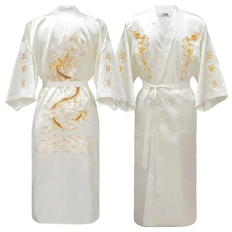 Plus Size 3xl Kimono Badjas Jurk Klassiek Heren Borduurwerk Drakengewaad Nachtkleding Losse Satijnen Huiskleding Loungekleding Loungekleding