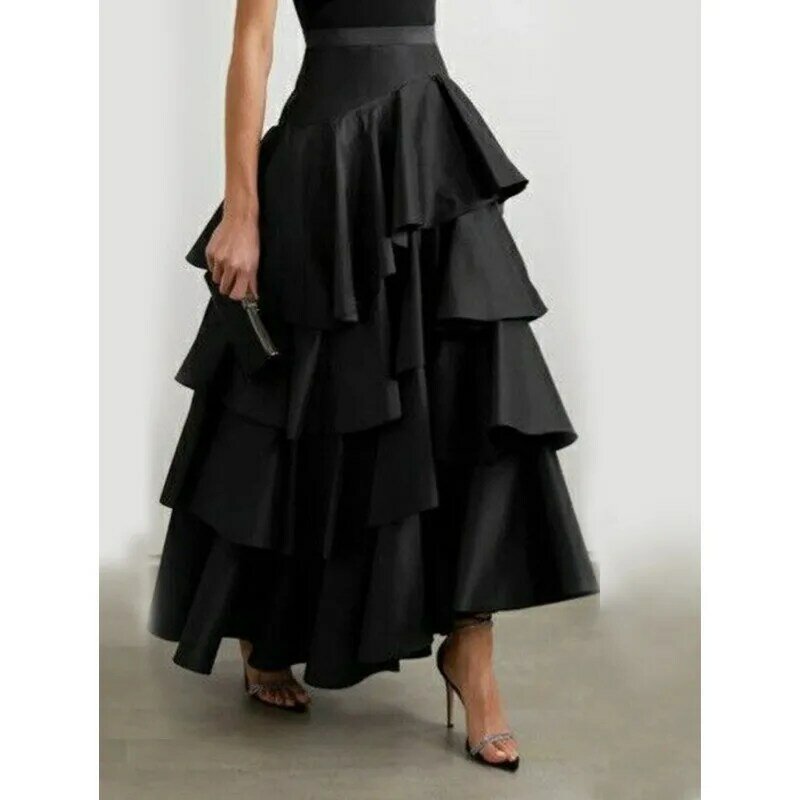 Damska z wysokim stanem warstwowa spódnica Maxi Cake elegancka gość weselny Y2K jednokolorowa klasyczna czarna porządna spódnice faldas