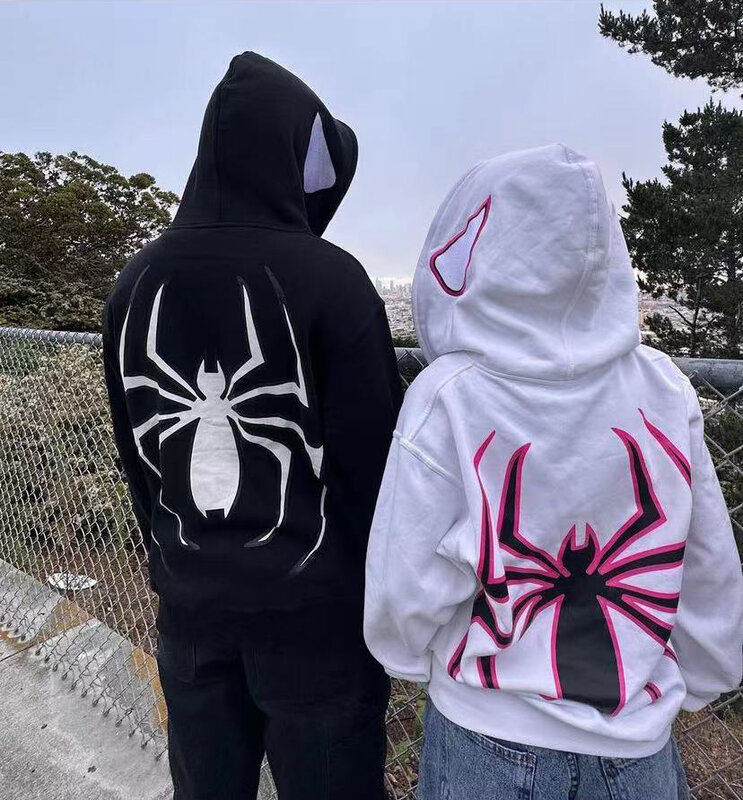 Y2k jaket cetakan laba-laba Pria Wanita, hoodie Hip Hop ritsleting lengan panjang, mantel bertudung longgar kasual Harajuku Musim Dingin dan Gugur